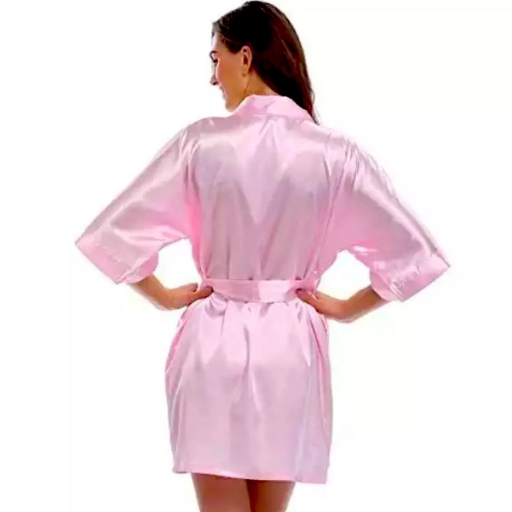 Pink Satin Kimono Robe Short Silky Lounge Wear Bridal Spa Sleepwear - Picture 2 of 2